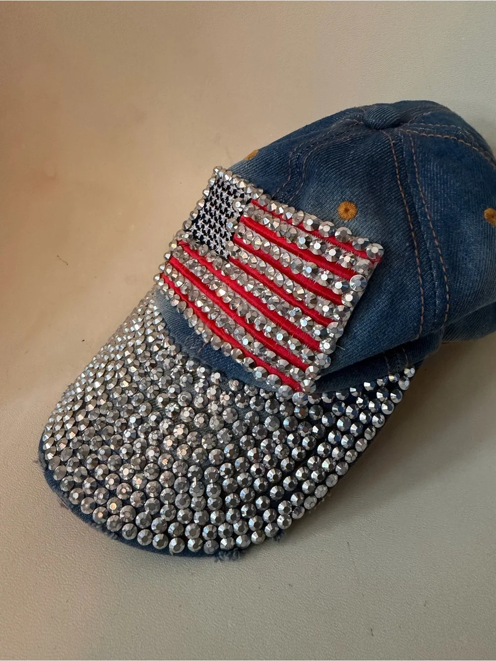 Denim Rhinestone Baseball Cap with American Flag Patch - Blue distressed